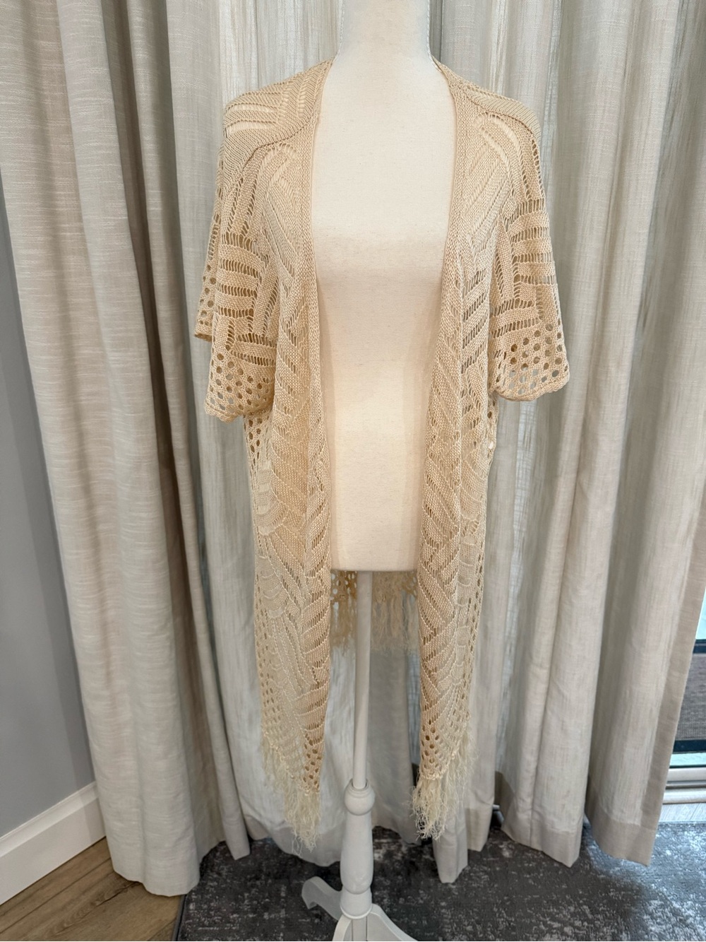Beige Open Knit Fringe Duster Cardigan